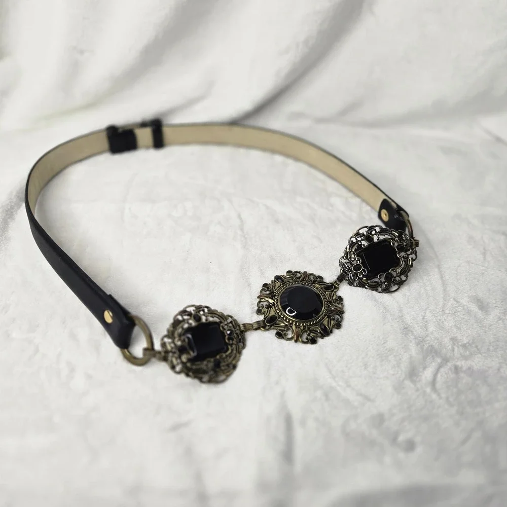 Chicos Black Leather Belt Gold Filigree Medallion Black Stone Size Small Medium